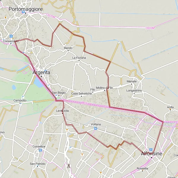 Map miniature of "Argenta Gravel Loop" cycling inspiration in Emilia-Romagna, Italy. Generated by Tarmacs.app cycling route planner