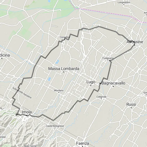 Miniaturní mapa "Okružní cyklistická trasa okolo Alfonsine" inspirace pro cyklisty v oblasti Emilia-Romagna, Italy. Vytvořeno pomocí plánovače tras Tarmacs.app