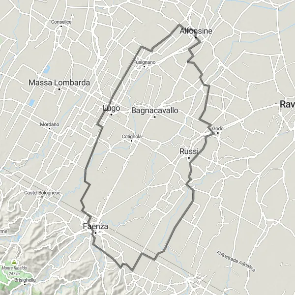 Karten-Miniaturansicht der Radinspiration "Fahrt von Faenza über Lugo nach Alfonsine" in Emilia-Romagna, Italy. Erstellt vom Tarmacs.app-Routenplaner für Radtouren