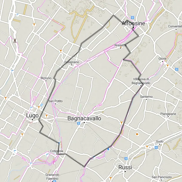 Miniaturní mapa "Relaxační cyklostezka kolem Luga" inspirace pro cyklisty v oblasti Emilia-Romagna, Italy. Vytvořeno pomocí plánovače tras Tarmacs.app