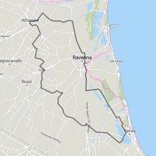 Miniaturní mapa "Road route to Ravenna" inspirace pro cyklisty v oblasti Emilia-Romagna, Italy. Vytvořeno pomocí plánovače tras Tarmacs.app