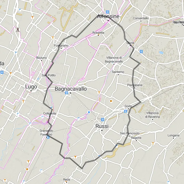 Mapa miniatúra "Cestná trasa cez Mezzano, Godo, Pieve Cesato, Cotignolu, Fusignano a Alfonsine" cyklistická inšpirácia v Emilia-Romagna, Italy. Vygenerované cyklistickým plánovačom trás Tarmacs.app