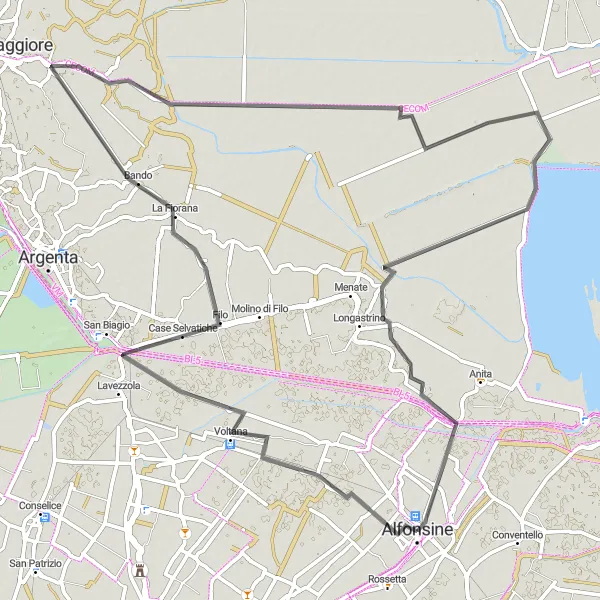 Miniaturní mapa "Okruh kolem Alfonsine" inspirace pro cyklisty v oblasti Emilia-Romagna, Italy. Vytvořeno pomocí plánovače tras Tarmacs.app