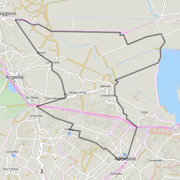 Miniatura della mappa di ispirazione al ciclismo "Passeggiata panoramica da Alfonsine a Madonna del Bosco" nella regione di Emilia-Romagna, Italy. Generata da Tarmacs.app, pianificatore di rotte ciclistiche