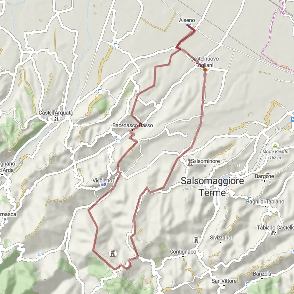 Zemljevid v pomanjšavi "Gravel kolesarska pot okoli Alseno" kolesarske inspiracije v Emilia-Romagna, Italy. Generirano z načrtovalcem kolesarskih poti Tarmacs.app
