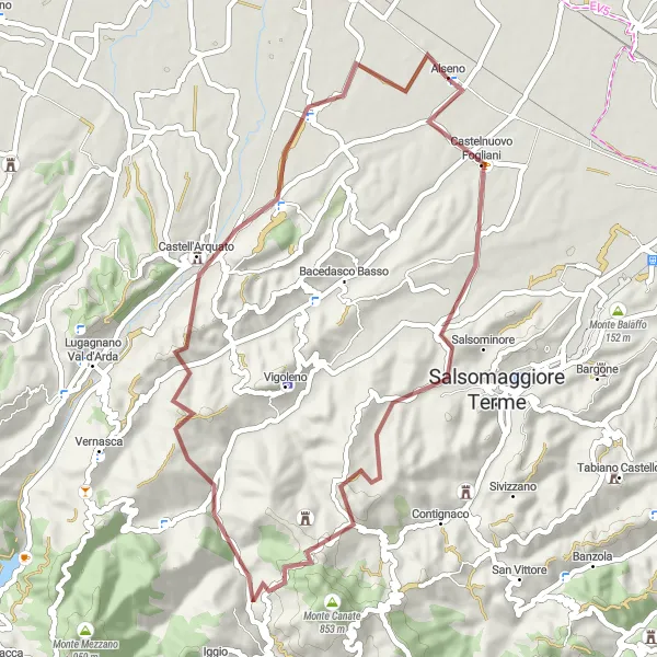 Miniatua del mapa de inspiración ciclista "Ruta de Grava a través de Alseno" en Emilia-Romagna, Italy. Generado por Tarmacs.app planificador de rutas ciclistas