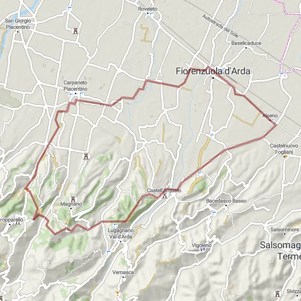 Miniaturní mapa "Gravelový výlet kolem Castell'Arquato - Fiorenzuola d'Arda" inspirace pro cyklisty v oblasti Emilia-Romagna, Italy. Vytvořeno pomocí plánovače tras Tarmacs.app