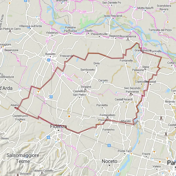 Kartminiatyr av "Grusvei sykkeltur fra Alseno" sykkelinspirasjon i Emilia-Romagna, Italy. Generert av Tarmacs.app sykkelrutoplanlegger