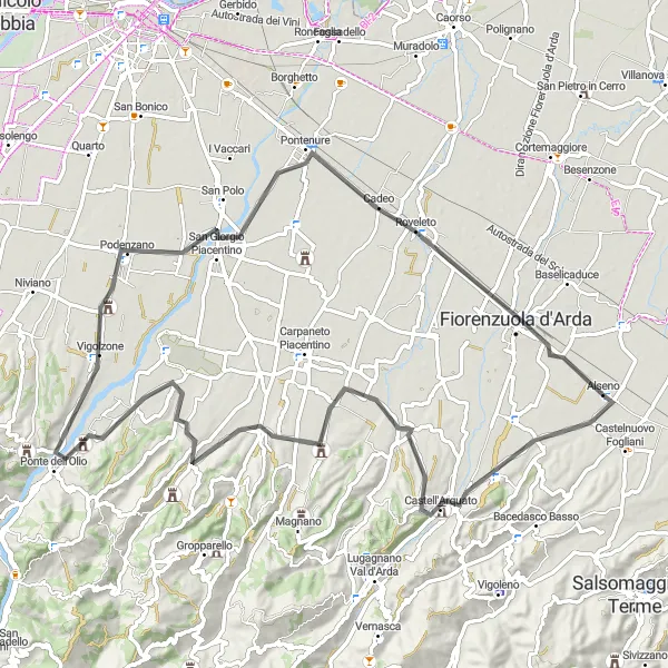 Map miniature of "Exploring Castles and Villages" cycling inspiration in Emilia-Romagna, Italy. Generated by Tarmacs.app cycling route planner