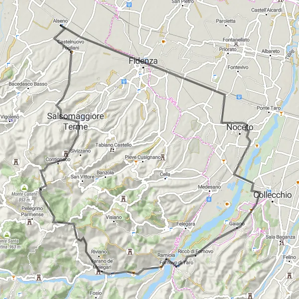 Miniatua del mapa de inspiración ciclista "Desafío ciclístico por Fidenza, Noceto y Salsomaggiore Terme" en Emilia-Romagna, Italy. Generado por Tarmacs.app planificador de rutas ciclistas