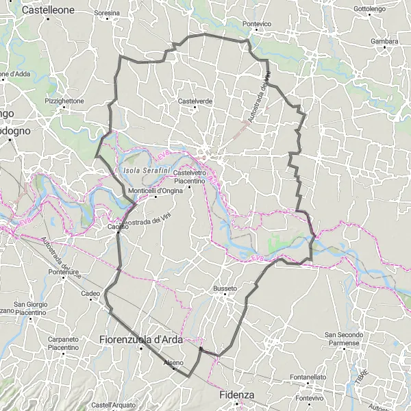 Miniaturní mapa "Road Trasa kolem Alseno" inspirace pro cyklisty v oblasti Emilia-Romagna, Italy. Vytvořeno pomocí plánovače tras Tarmacs.app