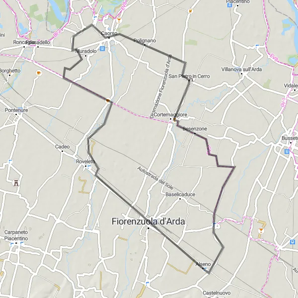 Miniatua del mapa de inspiración ciclista "Ruta escénica a través de Fiorenzuola d'Arda y Chiavenna Landi" en Emilia-Romagna, Italy. Generado por Tarmacs.app planificador de rutas ciclistas