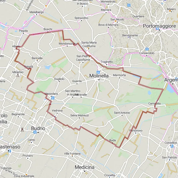 Mapa miniatúra "Gravelová trasa Altedo - Tintoria" cyklistická inšpirácia v Emilia-Romagna, Italy. Vygenerované cyklistickým plánovačom trás Tarmacs.app