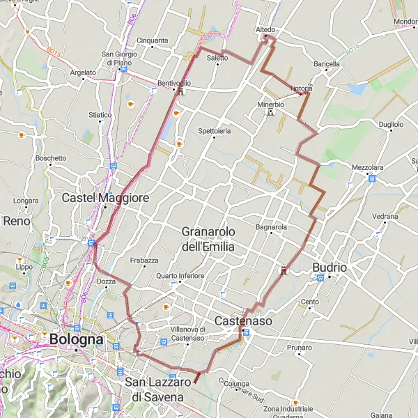 Miniature de la carte de l'inspiration cycliste "Parenthèse bucolique entre Altedo et Vigorso" dans la Emilia-Romagna, Italy. Générée par le planificateur d'itinéraire cycliste Tarmacs.app