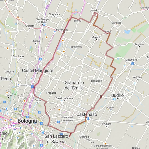 Mapa miniatúra "Cyklotrasa cez Tintoria, Vigorso, Palazzo Rosso a Altedo" cyklistická inšpirácia v Emilia-Romagna, Italy. Vygenerované cyklistickým plánovačom trás Tarmacs.app