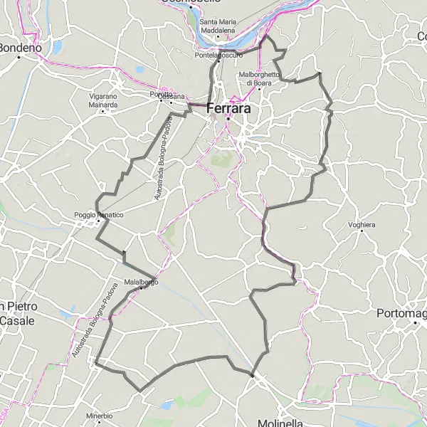Mapa miniatúra "Okružná cesta Altedo - Baricella" cyklistická inšpirácia v Emilia-Romagna, Italy. Vygenerované cyklistickým plánovačom trás Tarmacs.app