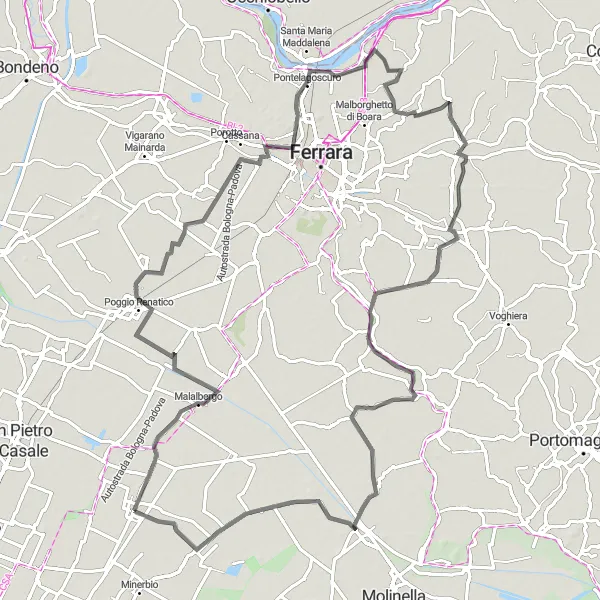 Map miniature of "Road Adventure from Altedo" cycling inspiration in Emilia-Romagna, Italy. Generated by Tarmacs.app cycling route planner