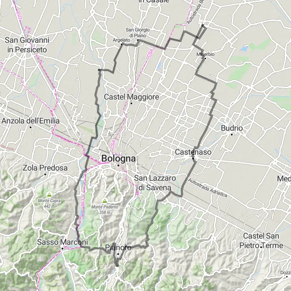 Mapa miniatúra "Cesta cez Palazzo de Rossi až do Bentivoglia" cyklistická inšpirácia v Emilia-Romagna, Italy. Vygenerované cyklistickým plánovačom trás Tarmacs.app