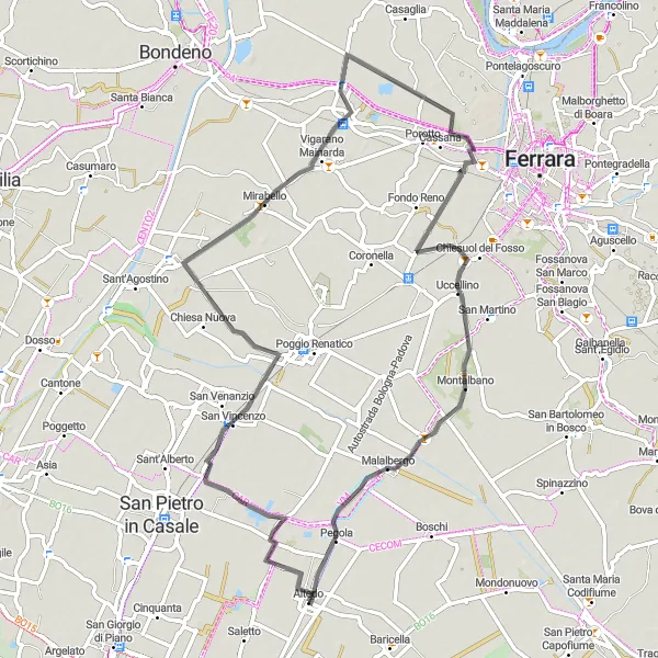 Miniatua del mapa de inspiración ciclista "Ruta de ciclismo de carretera Altedo - Pegola" en Emilia-Romagna, Italy. Generado por Tarmacs.app planificador de rutas ciclistas