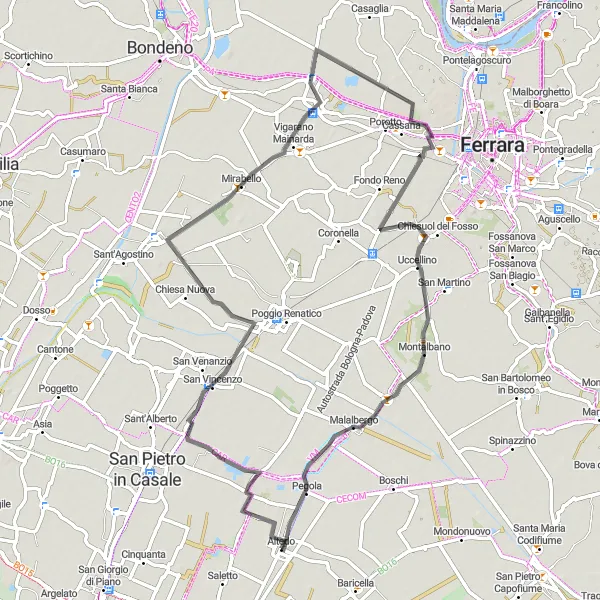 Map miniature of "Altedo to Pegola Road Cycling Route" cycling inspiration in Emilia-Romagna, Italy. Generated by Tarmacs.app cycling route planner