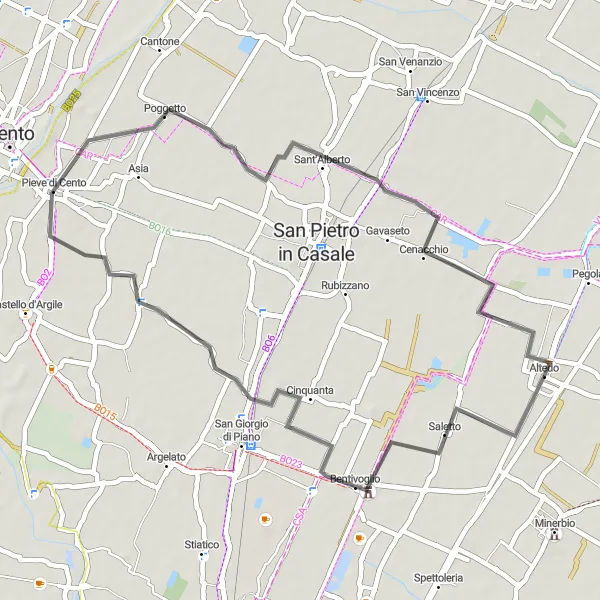 Kartminiatyr av "Kort og Sjarmerende Road Cycling Route fra Altedo til Pieve di Cento" sykkelinspirasjon i Emilia-Romagna, Italy. Generert av Tarmacs.app sykkelrutoplanlegger