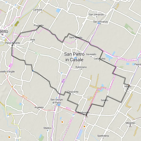 Map miniature of "Leisurely Ride to Pieve di Cento" cycling inspiration in Emilia-Romagna, Italy. Generated by Tarmacs.app cycling route planner