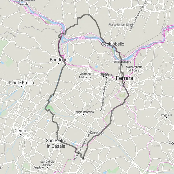 Miniature de la carte de l'inspiration cycliste "Boucle de cyclisme en road près d'Altedo" dans la Emilia-Romagna, Italy. Générée par le planificateur d'itinéraire cycliste Tarmacs.app