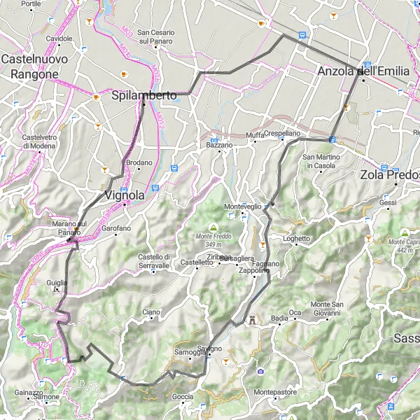 Miniature de la carte de l'inspiration cycliste "Parcours exigeant autour d'Anzola dell'Emilia" dans la Emilia-Romagna, Italy. Générée par le planificateur d'itinéraire cycliste Tarmacs.app