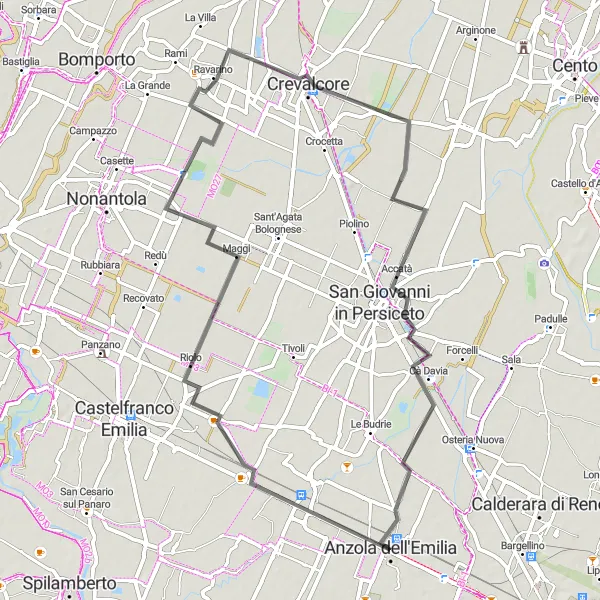 Zemljevid v pomanjšavi "Krožna cestna pot do San Giovanni in Persiceto" kolesarske inspiracije v Emilia-Romagna, Italy. Generirano z načrtovalcem kolesarskih poti Tarmacs.app