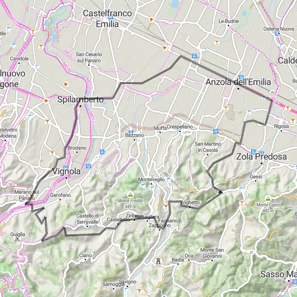 Map miniature of "Mountain Challenges in Emilia-Romagna" cycling inspiration in Emilia-Romagna, Italy. Generated by Tarmacs.app cycling route planner