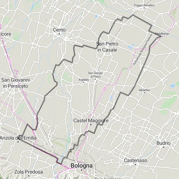 Miniature de la carte de l'inspiration cycliste "Circuit à travers les Collines d'Emilie" dans la Emilia-Romagna, Italy. Générée par le planificateur d'itinéraire cycliste Tarmacs.app