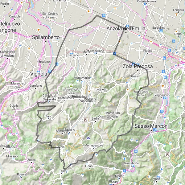 Miniatuurkaart van de fietsinspiratie "Uitdagende 95 km route door Emilia-Romagna" in Emilia-Romagna, Italy. Gemaakt door de Tarmacs.app fietsrouteplanner