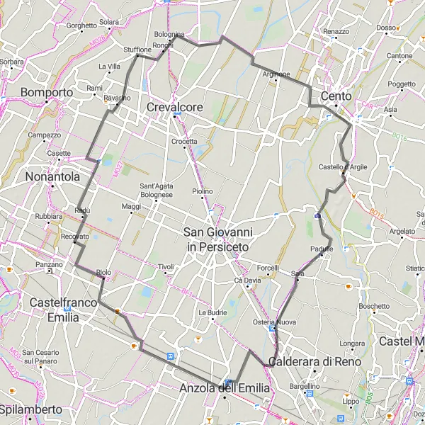 Miniaturní mapa "Okruh kolem Anzoly dell'Emilia" inspirace pro cyklisty v oblasti Emilia-Romagna, Italy. Vytvořeno pomocí plánovače tras Tarmacs.app