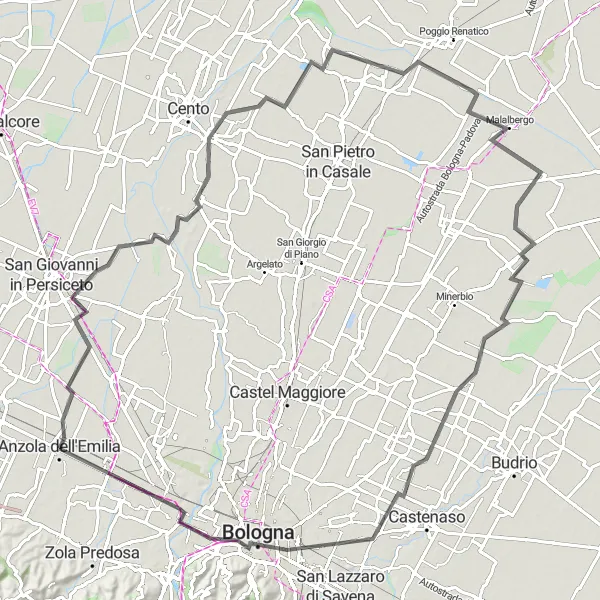 Miniatura della mappa di ispirazione al ciclismo "Giro Panoramico delle Colline Bolognesi" nella regione di Emilia-Romagna, Italy. Generata da Tarmacs.app, pianificatore di rotte ciclistiche