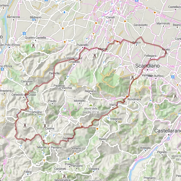 Miniaturní mapa "Gravelová trasa kolem Arceta" inspirace pro cyklisty v oblasti Emilia-Romagna, Italy. Vytvořeno pomocí plánovače tras Tarmacs.app