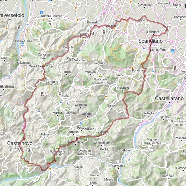 Karttaminiaatyyri "Haastava vuoristo- ja metsäpolkureitti" pyöräilyinspiraatiosta alueella Emilia-Romagna, Italy. Luotu Tarmacs.app pyöräilyreittisuunnittelijalla