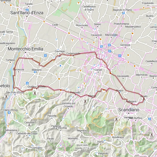 Mapa miniatúra "Gravelová trasa okolo Arceta" cyklistická inšpirácia v Emilia-Romagna, Italy. Vygenerované cyklistickým plánovačom trás Tarmacs.app