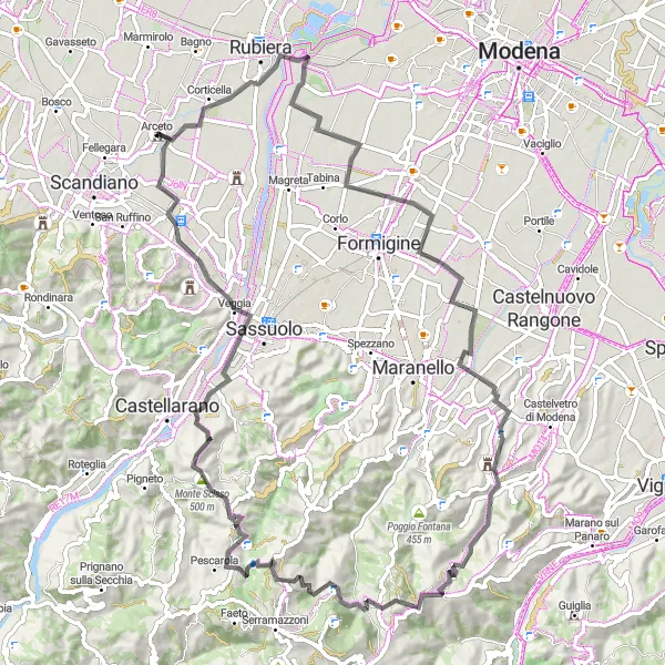 Miniatura della mappa di ispirazione al ciclismo "Scopri la bellezza di Levizzano Rangone" nella regione di Emilia-Romagna, Italy. Generata da Tarmacs.app, pianificatore di rotte ciclistiche