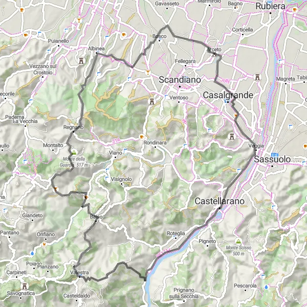 Miniatua del mapa de inspiración ciclista "Ruta de Carretera Dinazzano - Sabbione" en Emilia-Romagna, Italy. Generado por Tarmacs.app planificador de rutas ciclistas