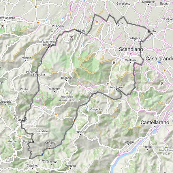 Miniatua del mapa de inspiración ciclista "Vuelta escénica desde Arceto" en Emilia-Romagna, Italy. Generado por Tarmacs.app planificador de rutas ciclistas