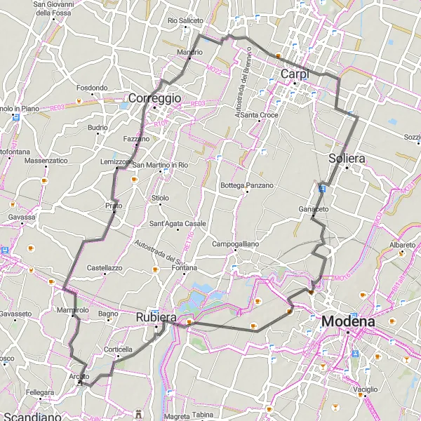 Miniatuurkaart van de fietsinspiratie "Arceto en Migliarina Weg Route" in Emilia-Romagna, Italy. Gemaakt door de Tarmacs.app fietsrouteplanner