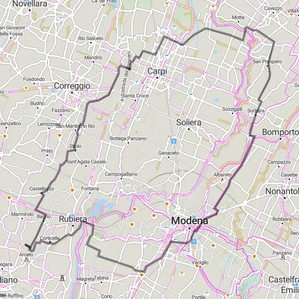 Mapa miniatúra "Cestná cyklistická trasa Arceto - Bagno - Stiolo - San Marino di Carpi - Sorbara - Baggiovara - Corticella - Arceto" cyklistická inšpirácia v Emilia-Romagna, Italy. Vygenerované cyklistickým plánovačom trás Tarmacs.app