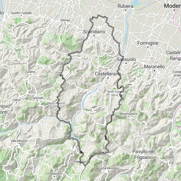 Zemljevid v pomanjšavi "Kolesarska tura okoli Arceta" kolesarske inspiracije v Emilia-Romagna, Italy. Generirano z načrtovalcem kolesarskih poti Tarmacs.app