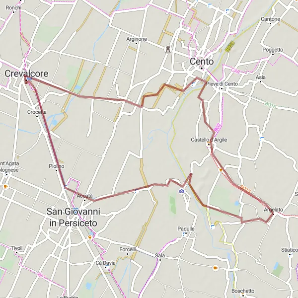 Miniatua del mapa de inspiración ciclista "Ruta de ciclismo de gravilla cerca de Argelato" en Emilia-Romagna, Italy. Generado por Tarmacs.app planificador de rutas ciclistas