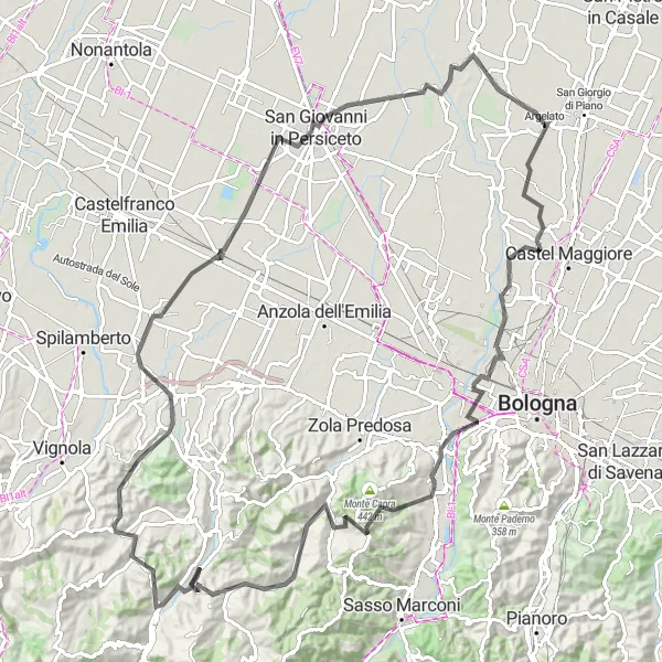 Karttaminiaatyyri "Argelato - Monte Caverna - Argelato" pyöräilyinspiraatiosta alueella Emilia-Romagna, Italy. Luotu Tarmacs.app pyöräilyreittisuunnittelijalla