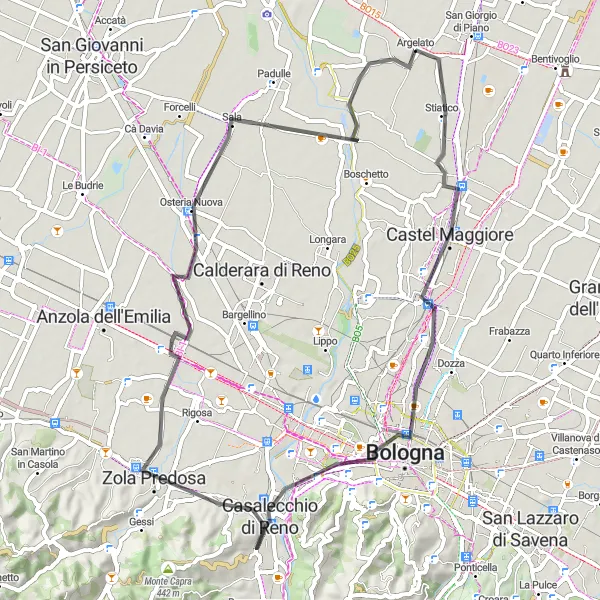 Miniatua del mapa de inspiración ciclista "Ruta de ciclismo de carretera a través de Castel Maggiore y Zola Predosa" en Emilia-Romagna, Italy. Generado por Tarmacs.app planificador de rutas ciclistas