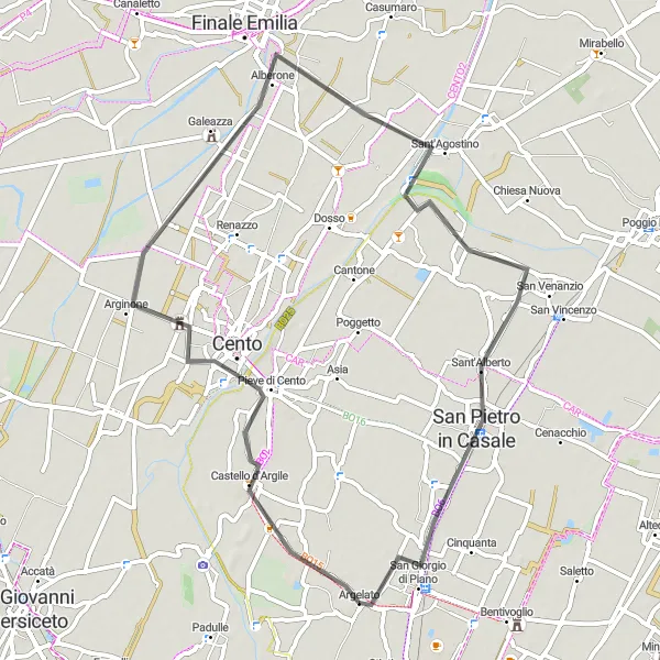 Miniatua del mapa de inspiración ciclista "Ruta de ciclismo de carretera a través de Cento y San Pietro in Casale" en Emilia-Romagna, Italy. Generado por Tarmacs.app planificador de rutas ciclistas