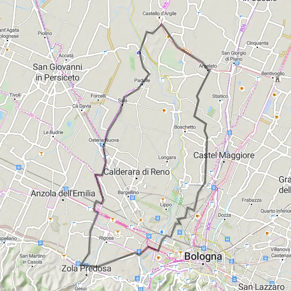 Miniatua del mapa de inspiración ciclista "Ruta de ciclismo de carretera a través de Zola Predosa y Padulle" en Emilia-Romagna, Italy. Generado por Tarmacs.app planificador de rutas ciclistas