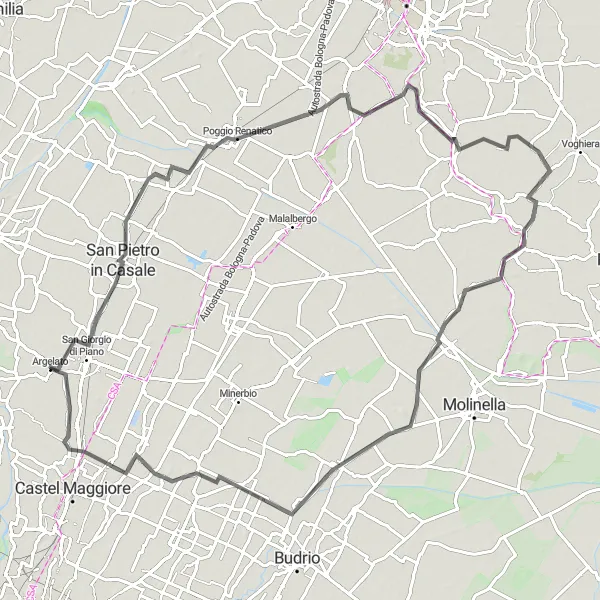 Miniatura mapy "Trasa 100 km przez San Pietro in Casale i Mezzolara" - trasy rowerowej w Emilia-Romagna, Italy. Wygenerowane przez planer tras rowerowych Tarmacs.app