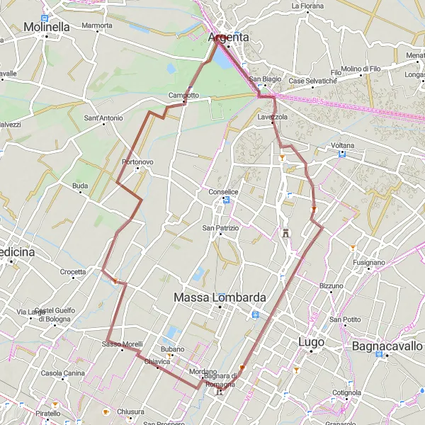 Miniatua del mapa de inspiración ciclista "Ruta de Grava Argenta - Lavezzola - Bagnara di Romagna - Saiarino" en Emilia-Romagna, Italy. Generado por Tarmacs.app planificador de rutas ciclistas